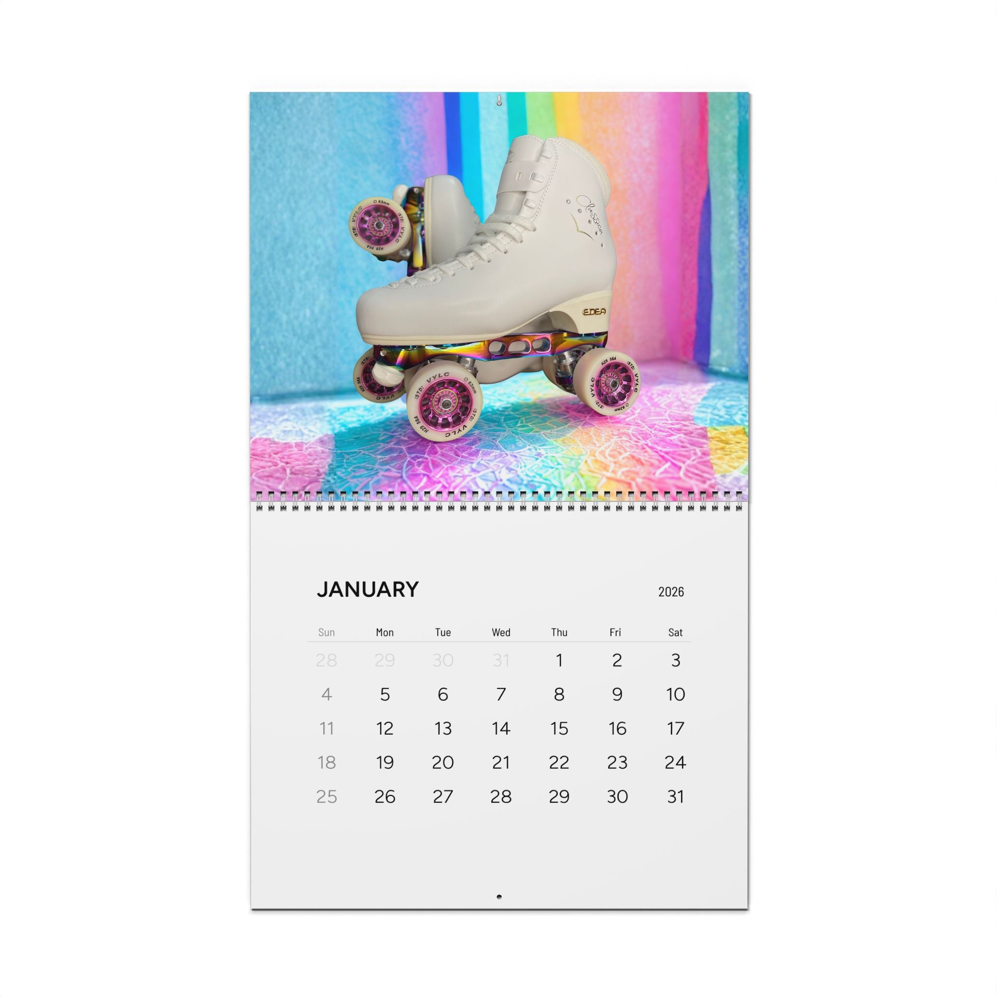 Calendar with a roller skate design on a colorful background