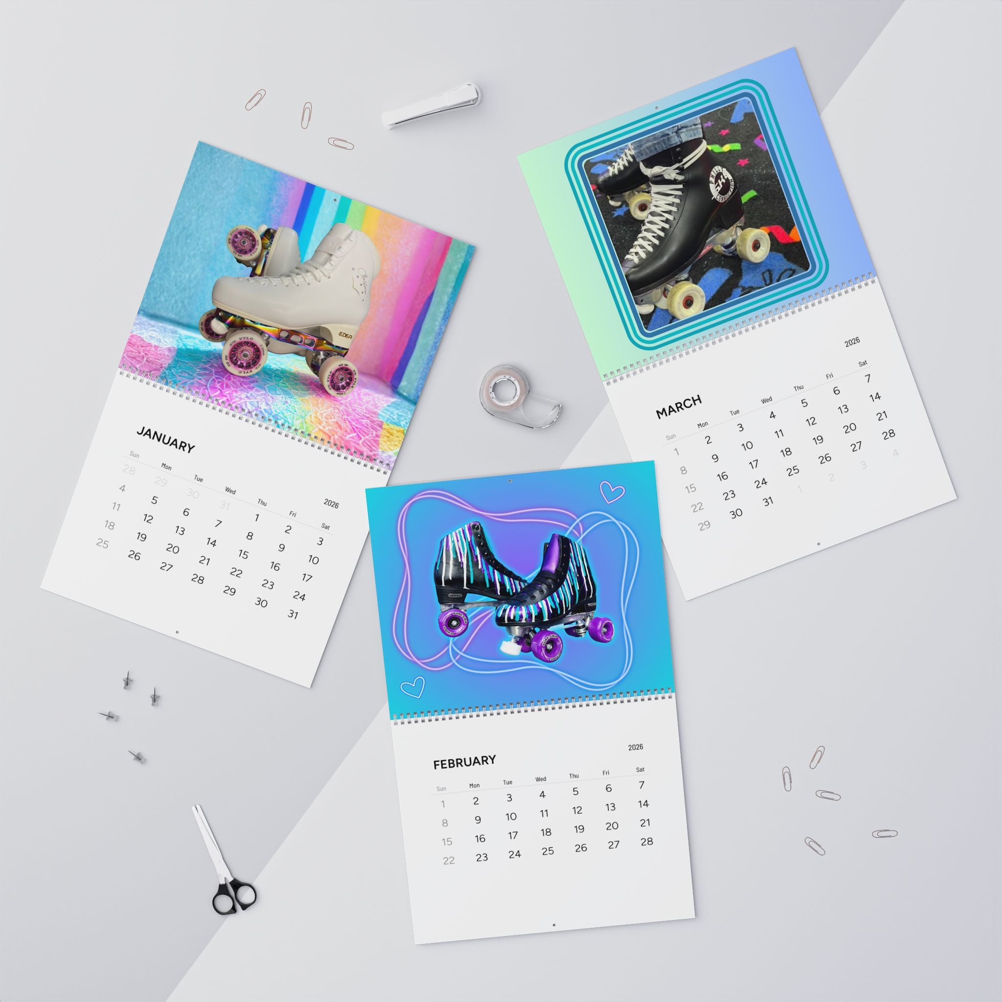 Calendar with roller skate designs for January, February, and March on a light gray background.