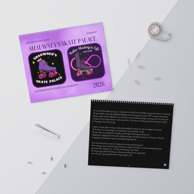 2026 calendar with roller skating design on a white surface