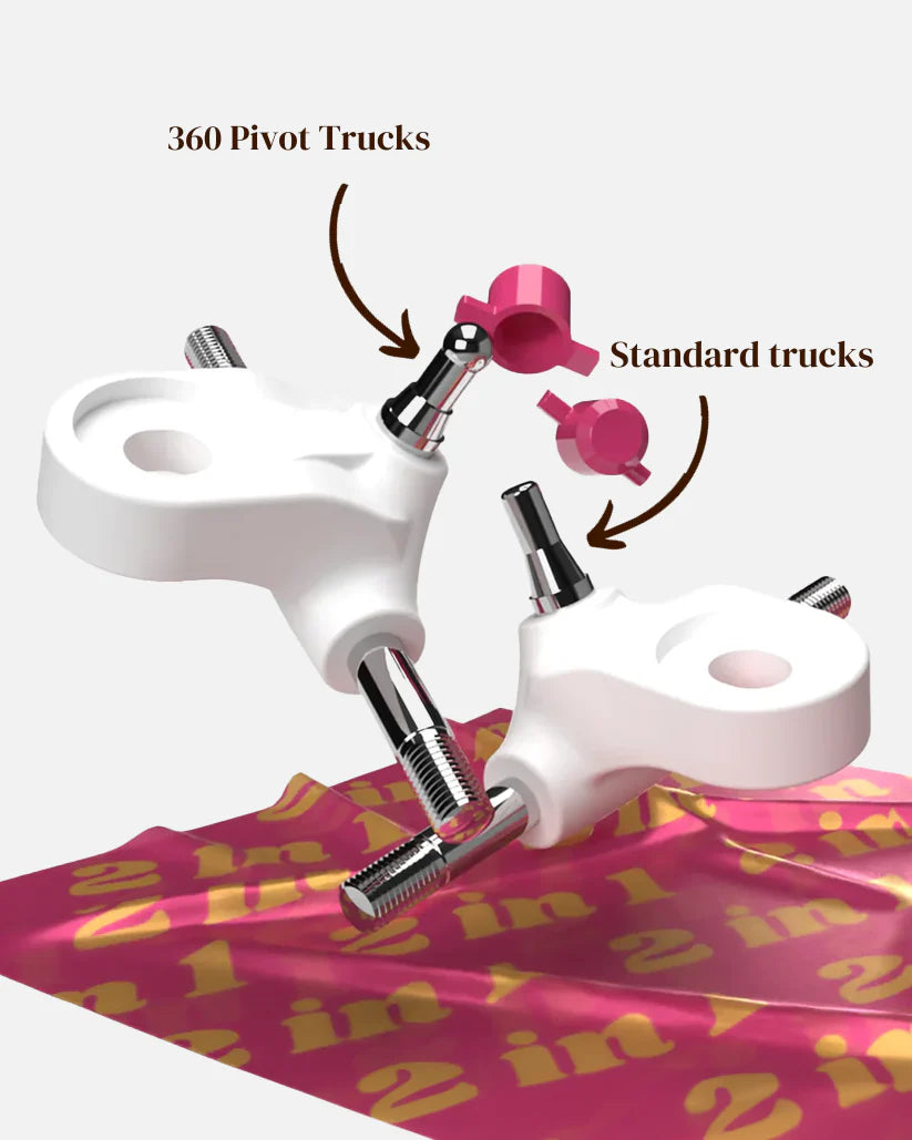 1 set with 360 pivot trucks (4 trucks/ 4 pivot cups/ 8 cushions/ 8 cushion caps/ 4 locking nuts)