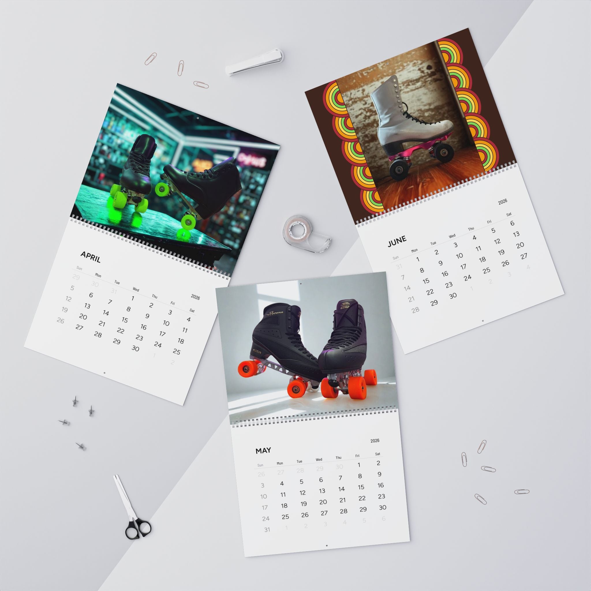 Four calendar pages showing different images on a light gray background