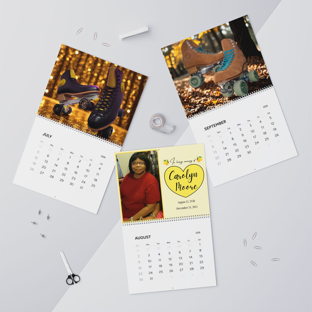 Personalized calendar with photos and text on a light gray background