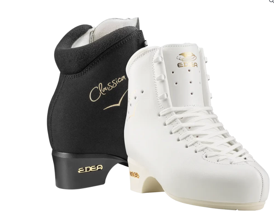 A pair of Edea figure skate boots, one black and one white, with the name 'CLASSICA' written on the black boot.