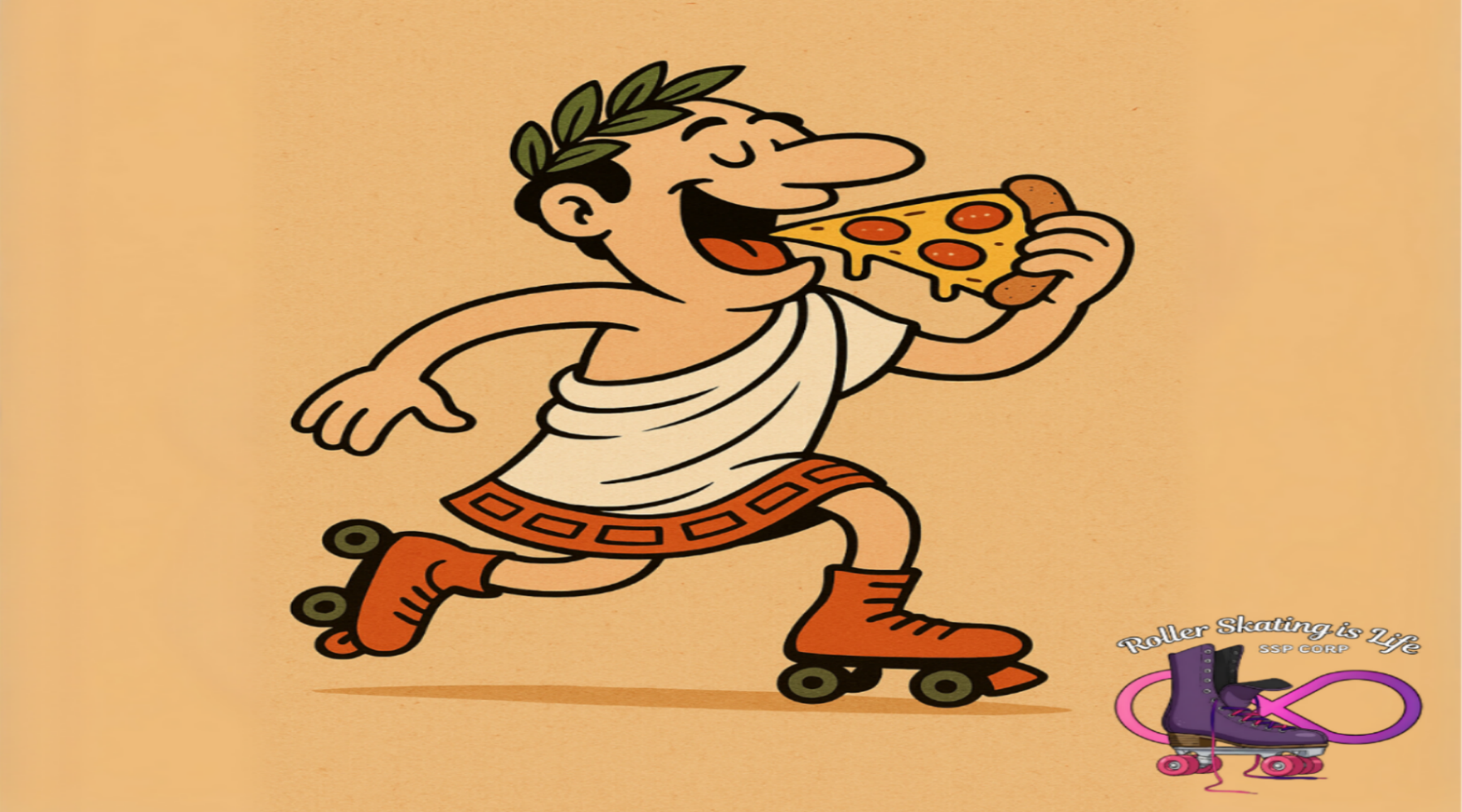 Cartoon character in a toga roller skating and eating pizza on a beige background